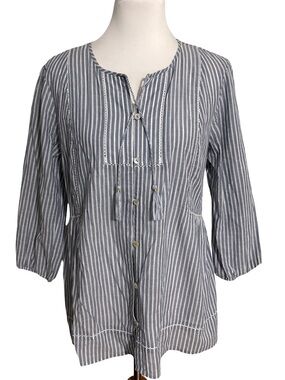 J. Jill Blue and White Striped Button-Front Peasant Blouse